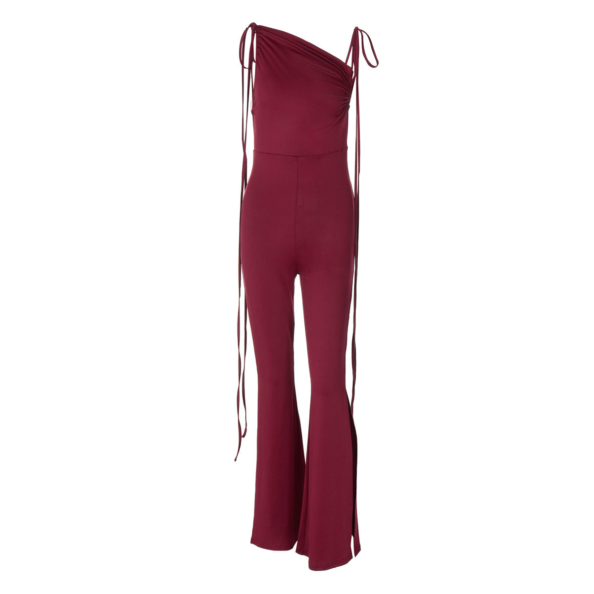 Reinliva One-Shoulder Wine Red Jumpsuit