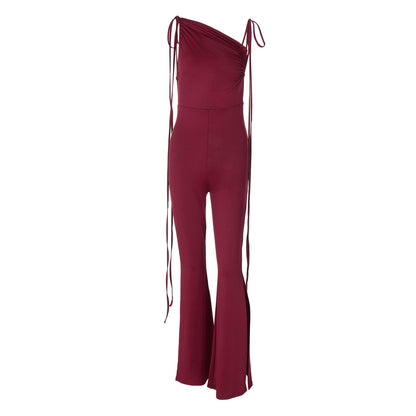 Reinliva One-Shoulder Wine Red Jumpsuit