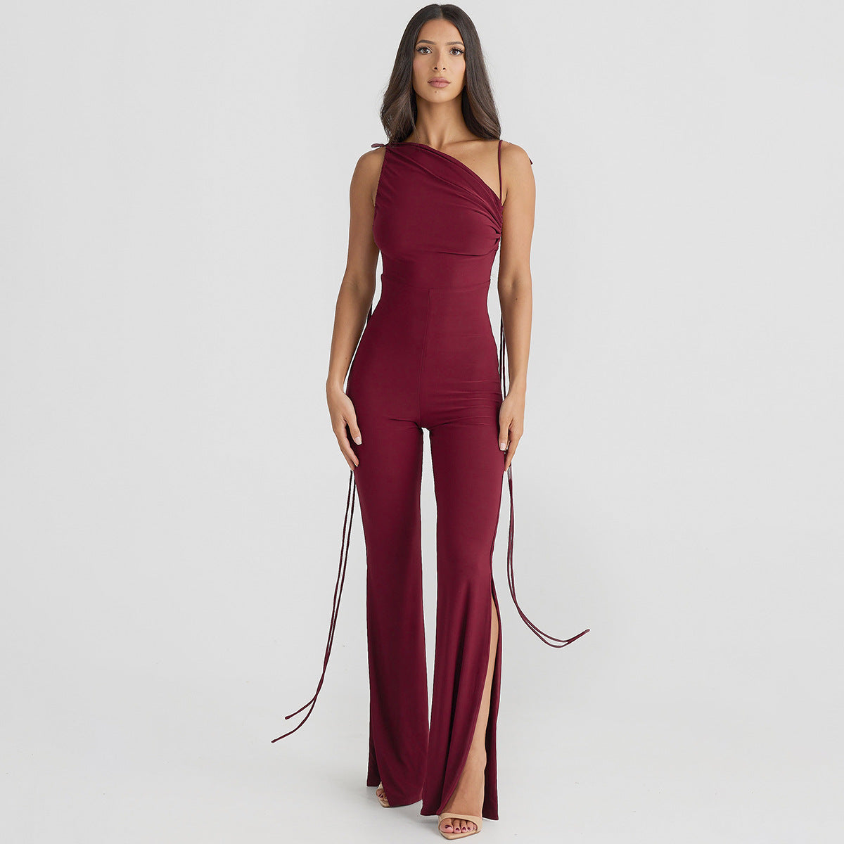 Reinliva One-Shoulder Wine Red Jumpsuit