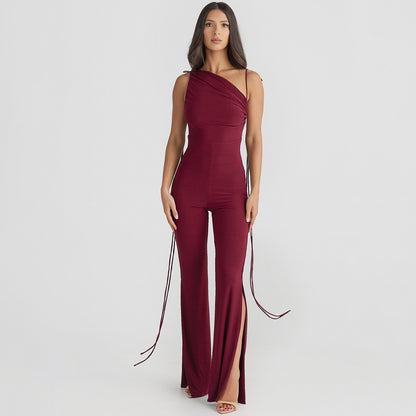 Reinliva One-Shoulder Wine Red Jumpsuit