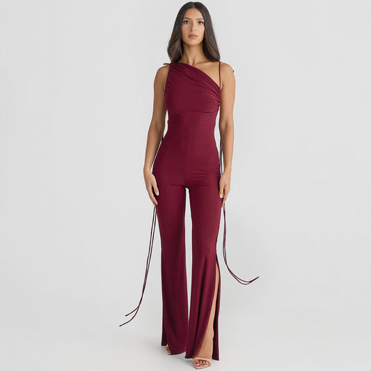 Reinliva One-Shoulder Wine Red Jumpsuit